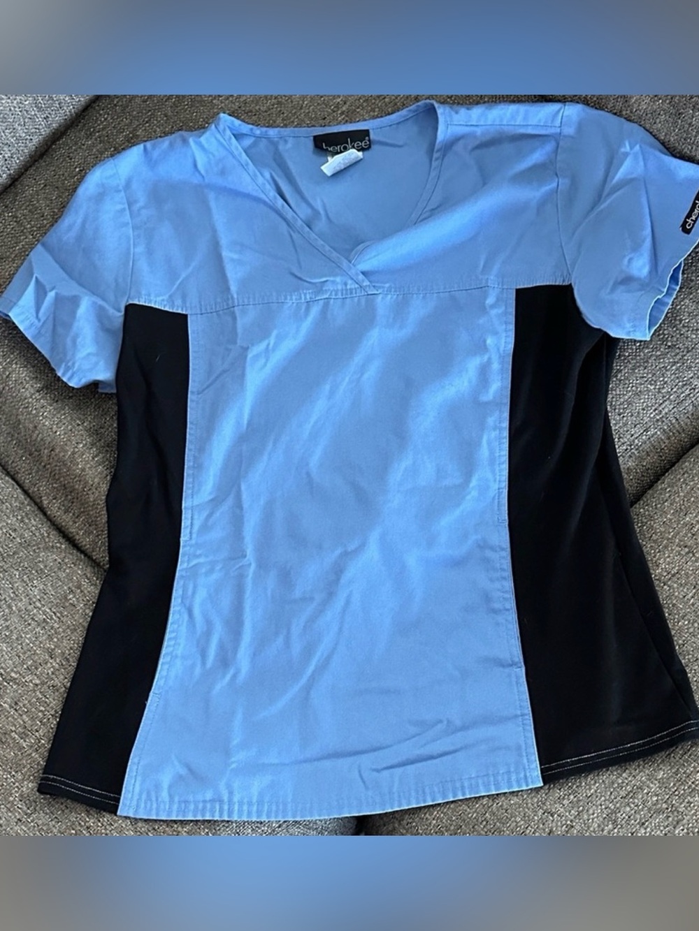 Cherokee Flexibles Colorblock Scrub Top Size M Medium Blue Black V-Neck 2874